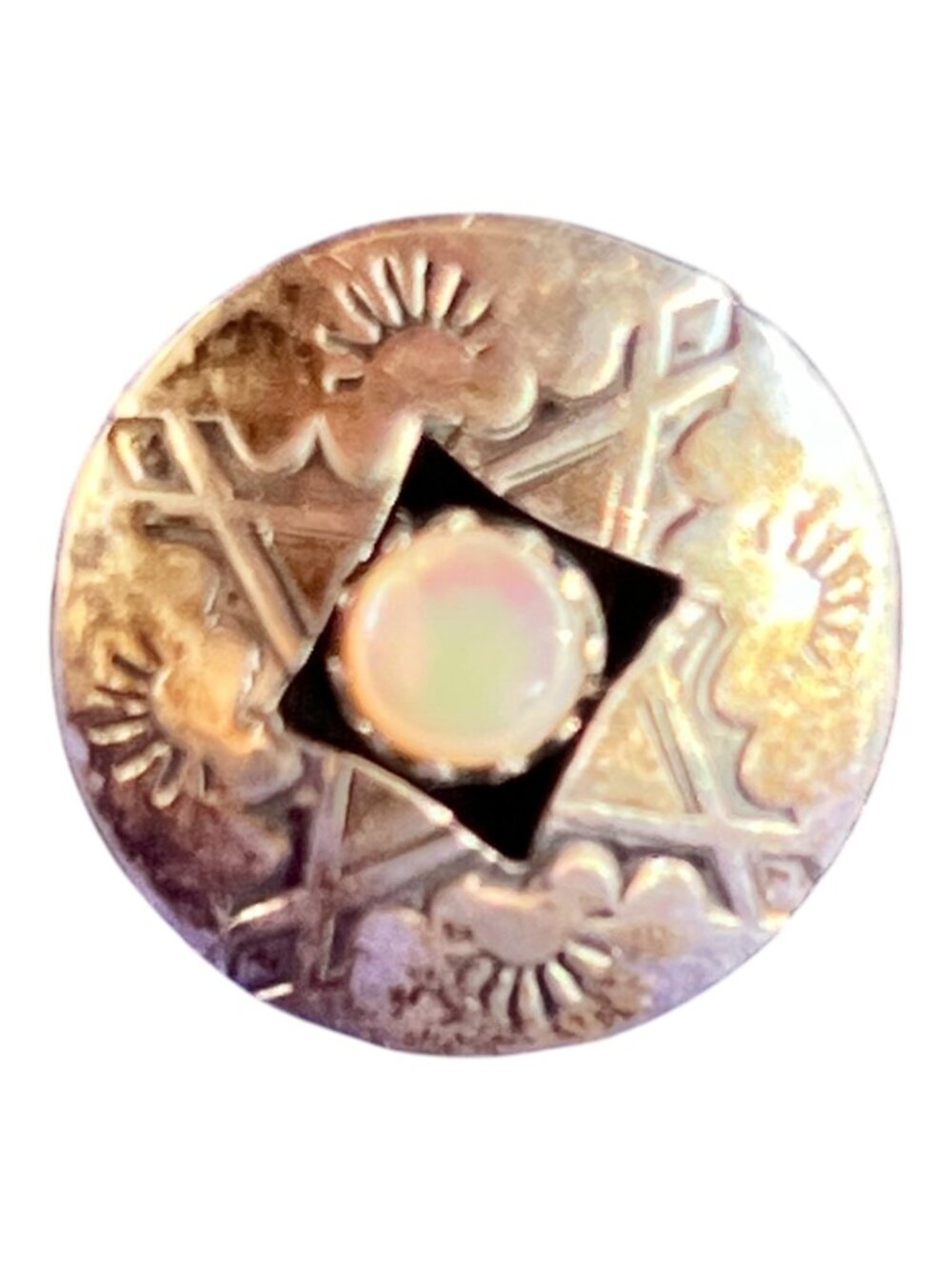 Navajo Sterling Silver MOP Inlay Earrings Engraved Design .75" VTG Round pierced - Picture 4 of 9